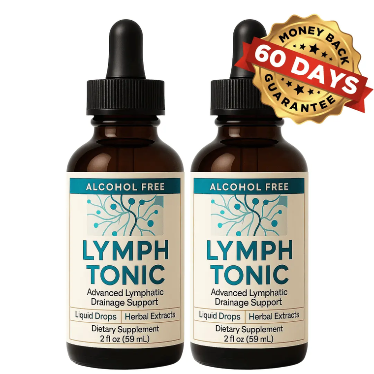 Two amber dropper bottles of Lymph Tonic alcohol-free liquid herbal supplement